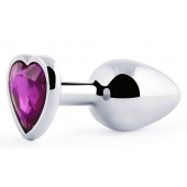 Серебристая анальная пробка с фиолетовым кристаллом-сердечком - 8 см. - Anal Jewelry Plug - купить с доставкой в Рубцовске