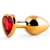 Золотистая анальная пробка с красным стразом-сердечком - 8 см. - Anal Jewelry Plug - купить с доставкой в Рубцовске