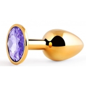 Золотистая анальная пробка с фиолетовым стразом - 7,2 см. - Anal Jewelry Plug - купить с доставкой в Рубцовске