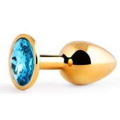 Золотистая анальная пробка с голубым стразом - 7,2 см. - Anal Jewelry Plug - купить с доставкой в Рубцовске