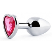 Серебристая анальная пробка с розовым кристаллом-сердечком - 7 см. - Anal Jewelry Plug - купить с доставкой в Рубцовске