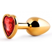 Золотистая анальная пробка с красным стразом-сердечком - 7 см. - Anal Jewelry Plug - купить с доставкой в Рубцовске