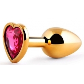 Золотистая анальная пробка с малиновым кристаллом-сердечком - 7 см. - Anal Jewelry Plug - купить с доставкой в Рубцовске