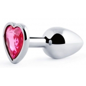 Серебристая анальная пробка с малиновым кристаллом-сердечком - 7 см. - Anal Jewelry Plug - купить с доставкой в Рубцовске