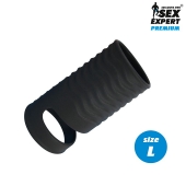 Черная открытая насадка на пенис с кольцом для мошонки L-size - 8,5 см. - Sex Expert - в Рубцовске купить с доставкой