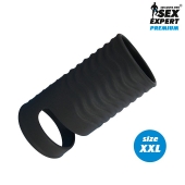 Черная открытая насадка на пенис с кольцом для мошонки XXL-size - 9,4 см. - Sex Expert - в Рубцовске купить с доставкой