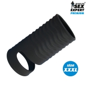 Черная открытая насадка на пенис с кольцом для мошонки XXXL-size - 9,9 см. - Sex Expert - в Рубцовске купить с доставкой