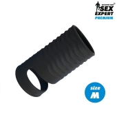 Черная открытая насадка на пенис с кольцом для мошонки size M - 7,9 см. - Sex Expert - в Рубцовске купить с доставкой