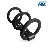 Черное тройное эрекционное кольцо с ремешком - Sex Expert - в Рубцовске купить с доставкой