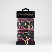 Черные кожаные наручники с розовой строчкой - Crazy Handmade - купить с доставкой в Рубцовске