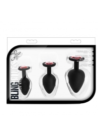 Набор черных анальных пробок с красным кристаллом-сердечком Bling Plugs Training Kit - Blush Novelties - купить с доставкой в Рубцовске