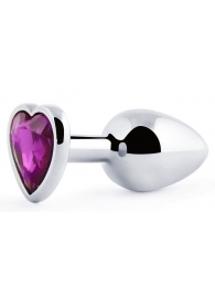 Серебристая анальная пробка с фиолетовым кристаллом-сердечком - 8 см. - Anal Jewelry Plug - купить с доставкой в Рубцовске