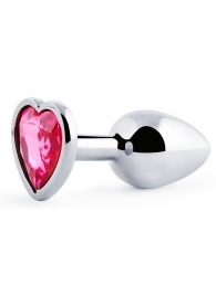 Серебристая анальная пробка с розовым кристаллом-сердечком - 7 см. - Anal Jewelry Plug - купить с доставкой в Рубцовске