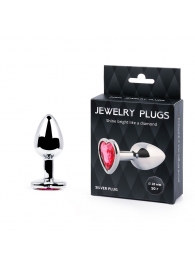 Серебристая анальная пробка с малиновым кристаллом-сердечком - 7 см. - Anal Jewelry Plug - купить с доставкой в Рубцовске