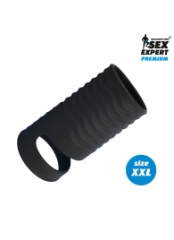 Черная открытая насадка на пенис с кольцом для мошонки XXL-size - 9,4 см. - Sex Expert - в Рубцовске купить с доставкой