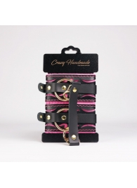 Черные кожаные оковы с розовой строчкой - Crazy Handmade - купить с доставкой в Рубцовске