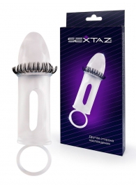 Закрытая насадка на пенис с подхватом мошонки и стимулирующими «ресничками» - Sextaz - в Рубцовске купить с доставкой
