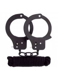 Чёрные наручники из листового металла в комплекте с веревкой BONDX METAL CUFFS LOVE ROPE SET - Dream Toys - купить с доставкой в Рубцовске