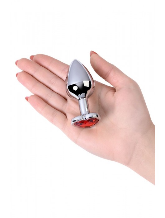 Серебристая коническая анальная пробка с красным кристаллом-сердечком - 7 см. - ToyFa - купить с доставкой в Рубцовске