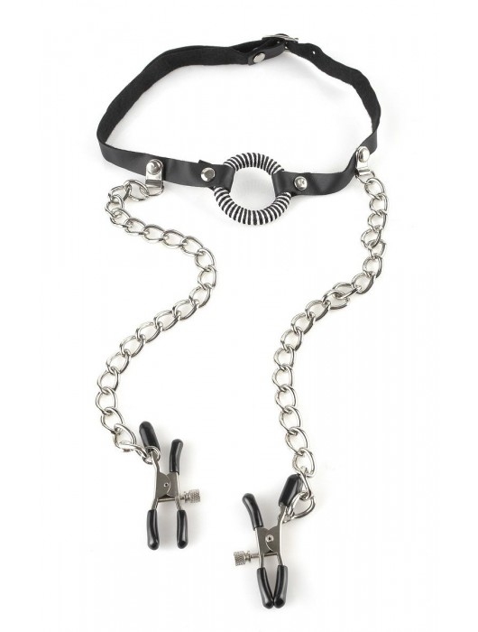 Кляп, соединенный цепочкой с клипсами для сосков - Pipedream - купить с доставкой в Рубцовске