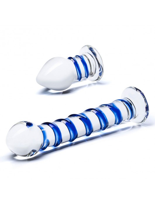 Набор из 2 стеклянных игрушек с синей спиралью Swirly Dildo   Buttplug Set - Glas