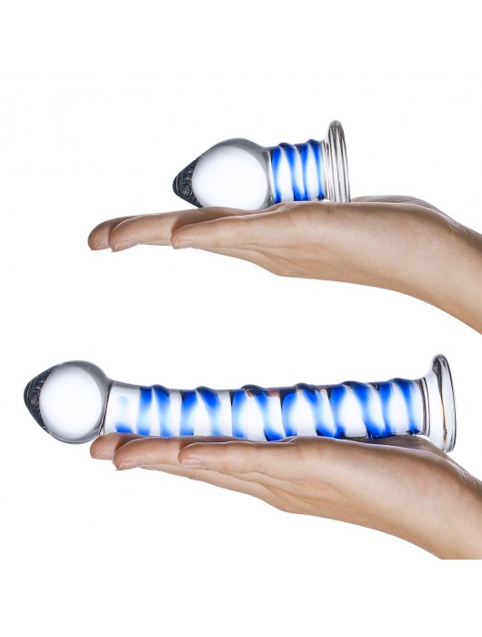 Набор из 2 стеклянных игрушек с синей спиралью Swirly Dildo   Buttplug Set - Glas