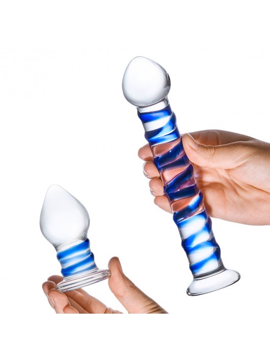 Набор из 2 стеклянных игрушек с синей спиралью Swirly Dildo   Buttplug Set - Glas