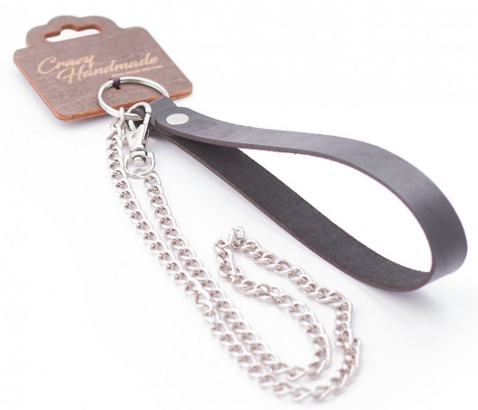 Серебристый металлический поводок с кожаной черной ручкой - 80 см. - Crazy Handmade - купить с доставкой в Рубцовске