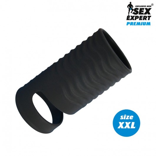 Черная открытая насадка на пенис с кольцом для мошонки XXL-size - 9,4 см. - Sex Expert - в Рубцовске купить с доставкой