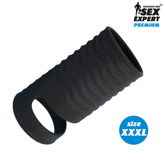 Черная открытая насадка на пенис с кольцом для мошонки XXXL-size - 9,9 см. - Sex Expert - в Рубцовске купить с доставкой