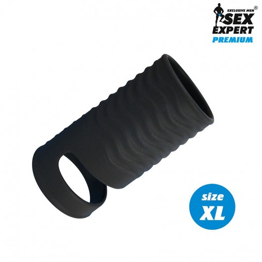 Черная открытая насадка на пенис с кольцом для мошонки XL-size - 8,9 см. - Sex Expert - в Рубцовске купить с доставкой