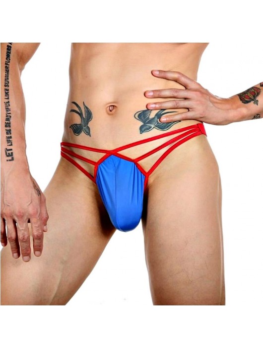 Синие сексуальные трусы-стринги на тонких красных бретелях - Romeo Rossi купить с доставкой