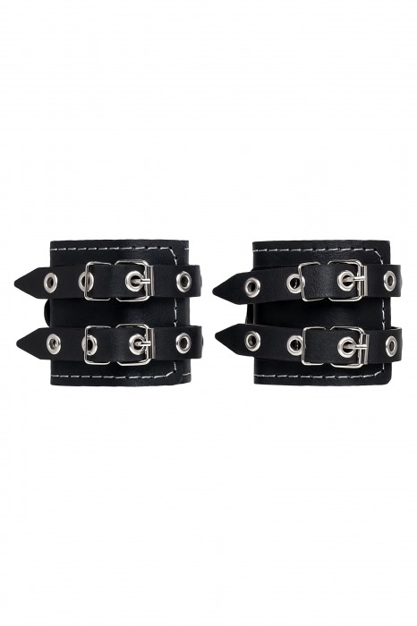 Черные кожаные наручники с двумя ремнями и красной подкладкой - Pecado - купить с доставкой в Рубцовске