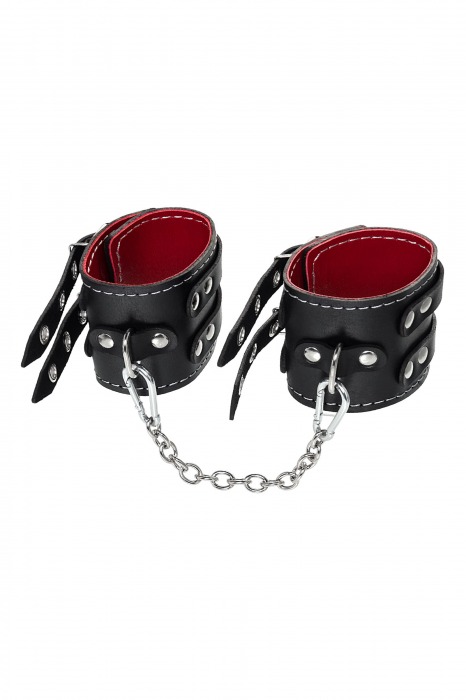 Черные кожаные оковы с двумя ремнями и красной подкладкой - Pecado - купить с доставкой в Рубцовске