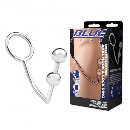 Кольцо на пенис с анальным стимулятором Two Bead Stainless Steel Anal Hook   Cock Ring - BlueLine - в Рубцовске купить с доставкой