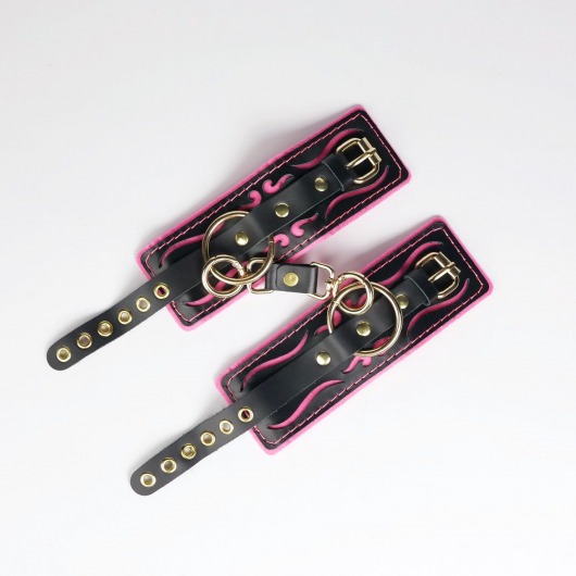 Черные кожаные наручники с розовой строчкой - Crazy Handmade - купить с доставкой в Рубцовске