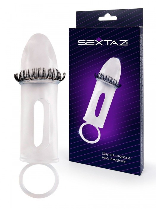 Закрытая насадка на пенис с подхватом мошонки и стимулирующими «ресничками» - Sextaz - в Рубцовске купить с доставкой