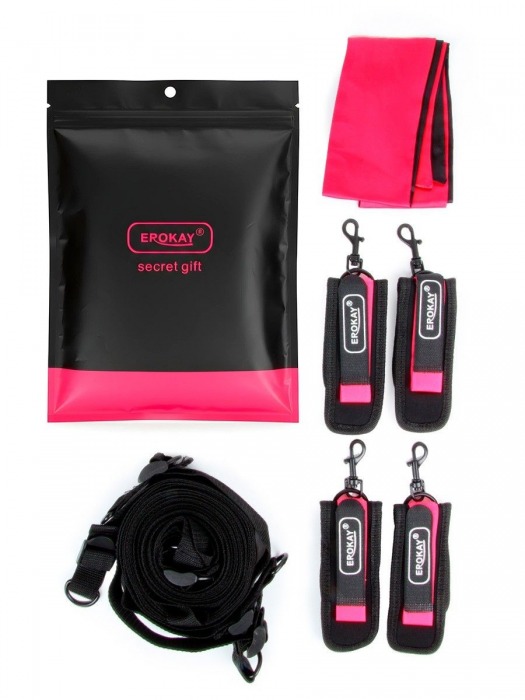 Черно-розовый эротический набор: фиксатор, оковы, наручники, повязка - Erokay - купить с доставкой в Рубцовске