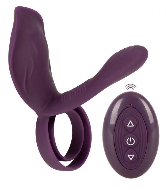 Фиолетовая насадка на член с клиторальным отростком и пультом ДУ RC Couple’s Vibrator 2 - Orion - в Рубцовске купить с доставкой